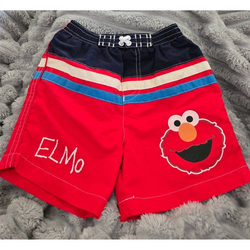Sesame Street Elmo Baby Boys Swim Trunks Red Blue Striped Board Shorts 12M